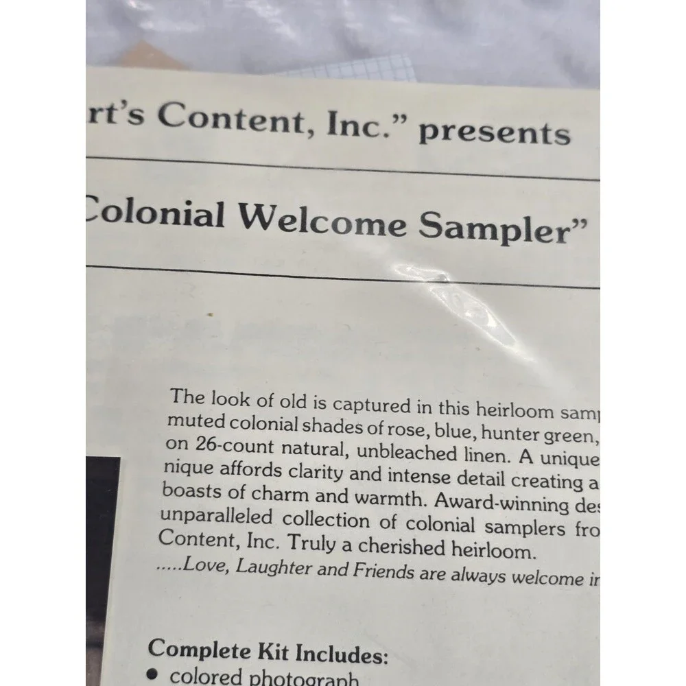 The Heart's Content 1986 Colonial Welcome Sampler New Complete Kit Linen Crafts